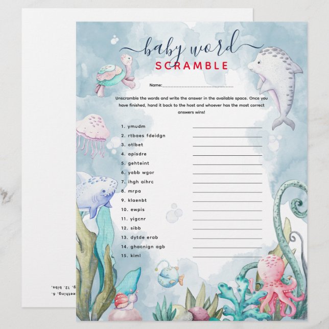 Lámina Juego de Baby Shower 'Word Scramble' bajo el mar (Anverso / Reverso)