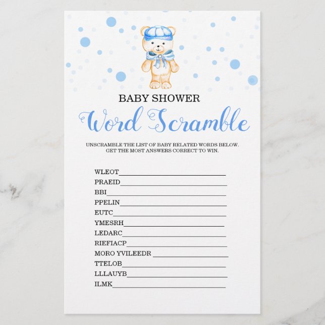 Lámina Juego de Baby Shower Word Scramble Blue Boy (Anverso)