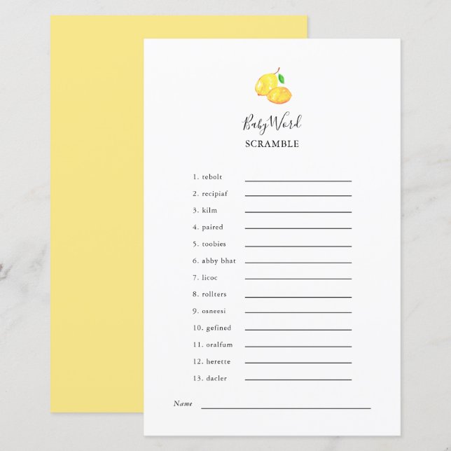 Lámina Juego de Baby Shower Word Scramble Lemon Elegante (Anverso / Reverso)