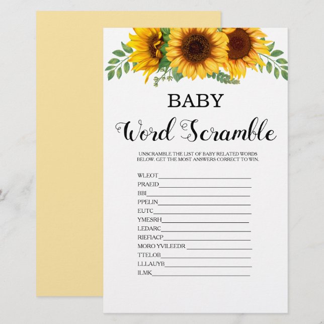 Lámina Juego de Baby Shower Word Scramble Sunflower (Anverso / Reverso)