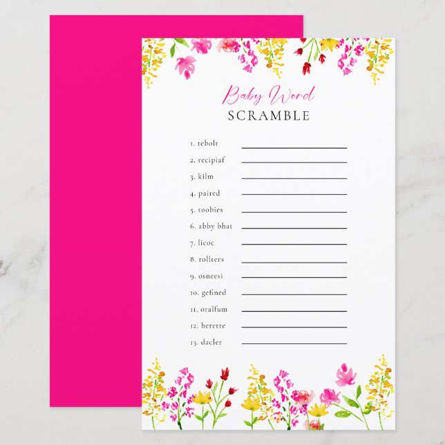 Lámina Juego de Baby Shower Word Scramble Wildflowers (Anverso / Reverso)