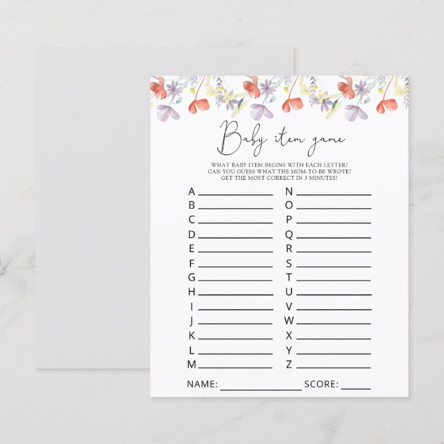 Lámina Juego de Bebé con flores silvestres. Juego Baby Sh (Anverso / Reverso)