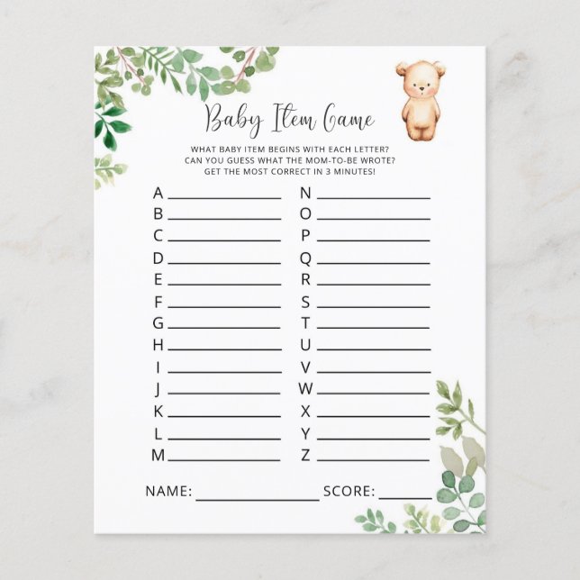 Lámina Juego de Bebé. Juego Baby Shower (Anverso)