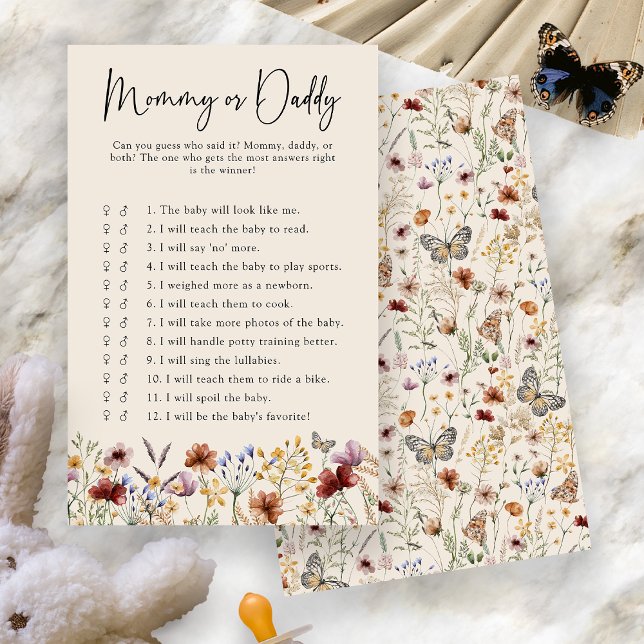 Lámina Juego de Bebé Mamá o Papá (Boho Floral Mommy Or Daddy Baby Game Card by Painted Paperie
)