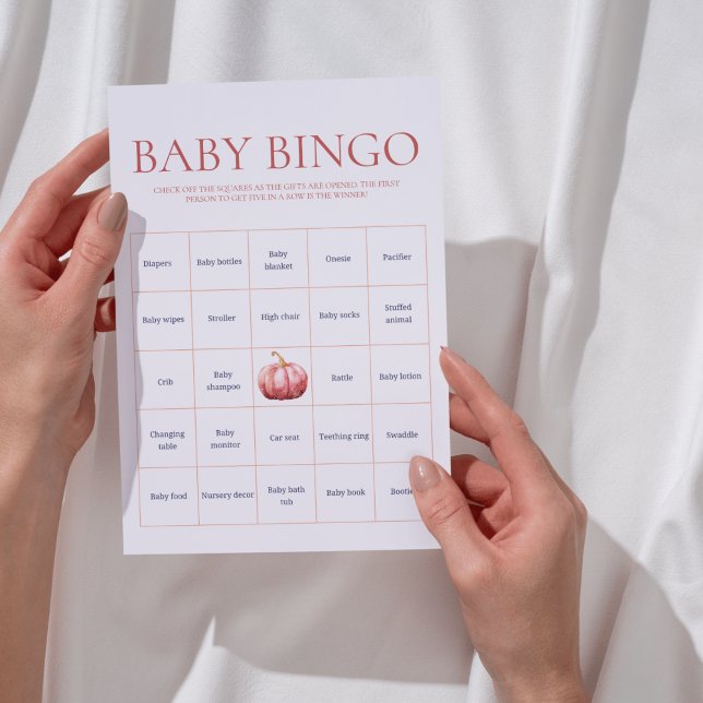 Lámina Juego de Bing de Baby Shower de Calabaza con Acuar (Pink Pumpkin Baby Bingo Card)