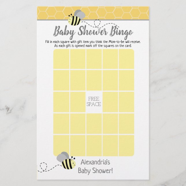 Lámina Juego de Bingo Baby Shower Bumble Gray (Anverso)