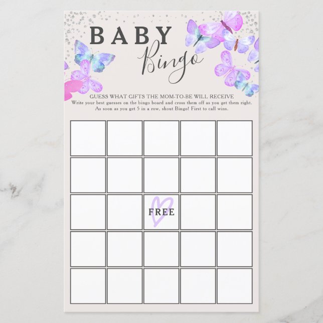 Lámina Juego de bingo Baby Shower Butterfly Skies Butterf (Anverso)