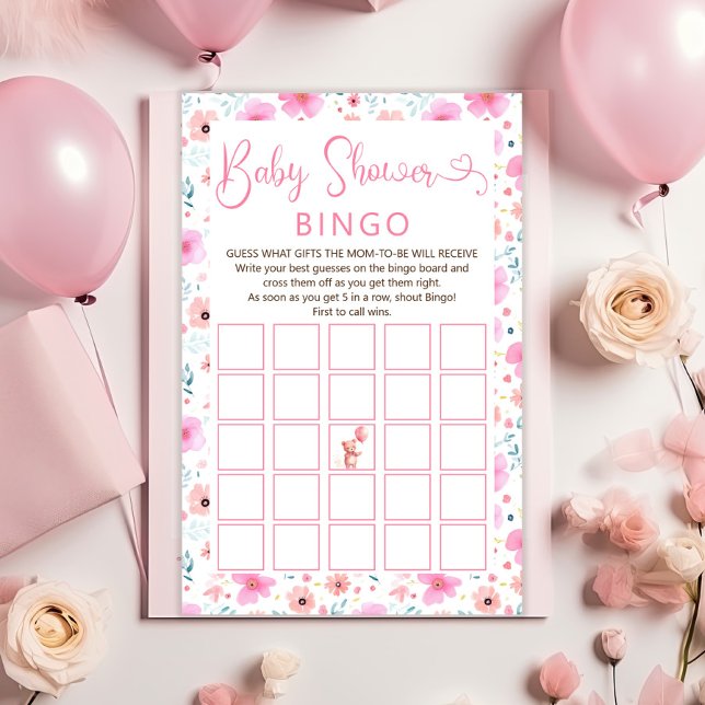 Lámina Juego de bingo Baby Shower Chica Floral Rosa Teddy (Subido por el creador)