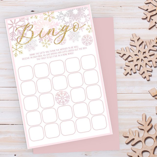 Lámina Juego de Bingo Baby Shower con copo de nieve rosa (Blush Pink Winter Baby Shower Fun Game)