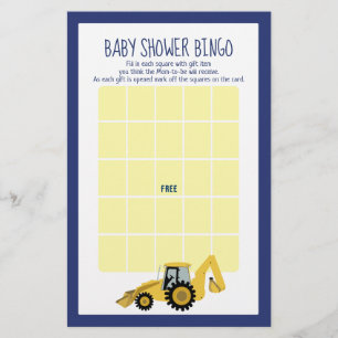 Lámina Juego de Bingo Baby Shower de Backhoe Construction