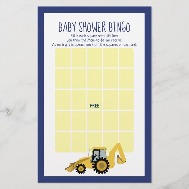 Lámina Juego de Bingo Baby Shower de Backhoe Construction (Anverso)