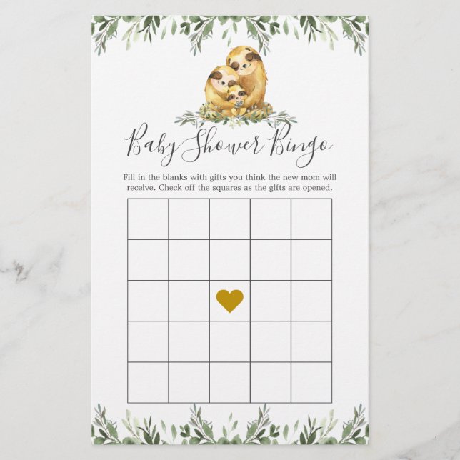 Lámina Juego de Bingo Baby Shower de la familia Sloth (Anverso)
