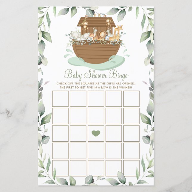 Lámina Juego de Bingo Baby Shower de Noah's Ark Greenery (Anverso)