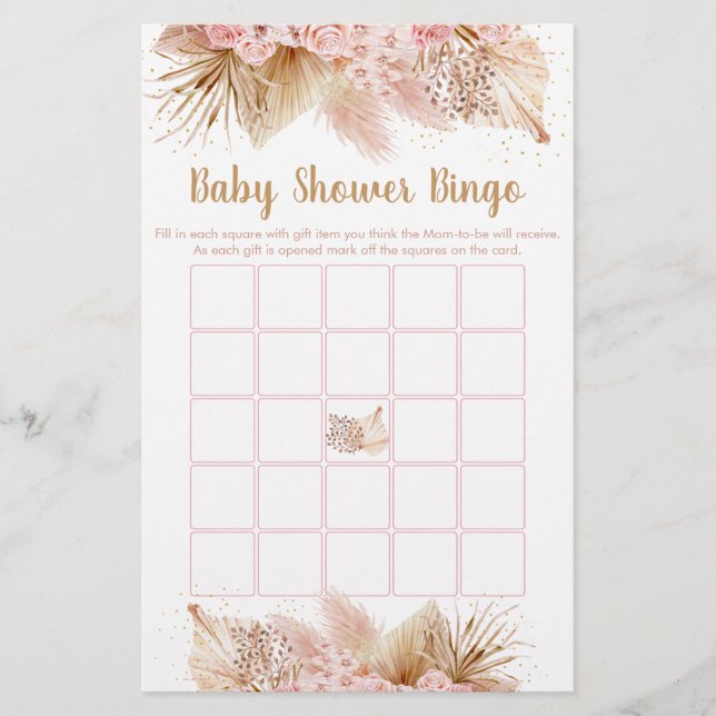 Lámina Juego de bingo Baby Shower de oro rosa pampas (Anverso)