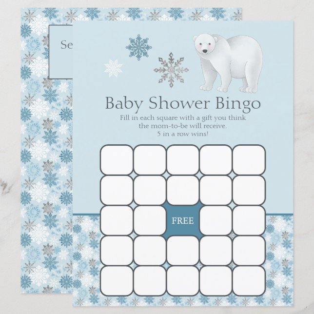 Lámina Juego de Bingo Baby Shower de oso polar con copo d (Anverso / Reverso)