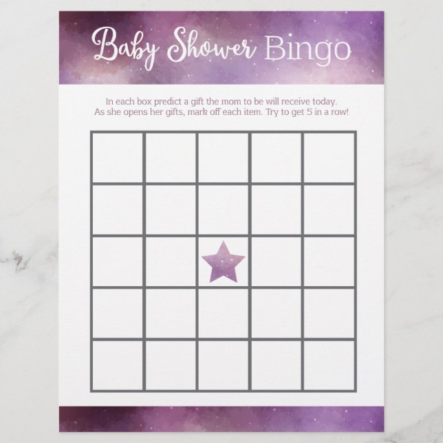 Lámina Juego de Bingo Baby Shower de Purple Galaxy (Anverso)