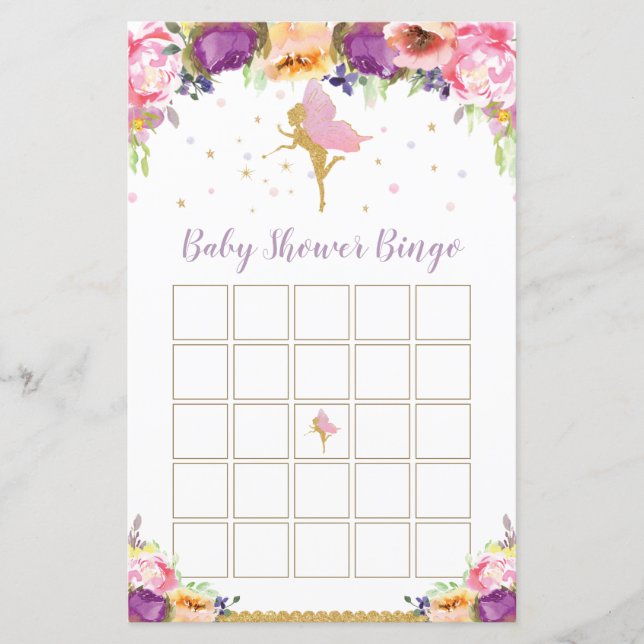 Lámina Juego de Bingo Baby Shower Fairy Purple (Anverso)