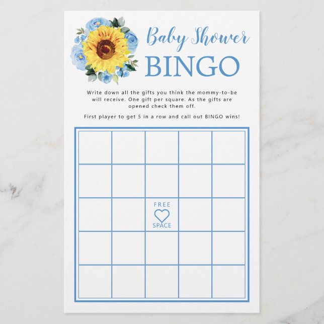 Lámina Juego de Bingo Baby Shower Floral Azul Dusty Sunfl (Anverso)