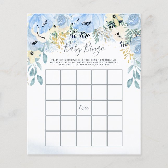 Lámina Juego de Bingo Baby Shower Floral Blue (Anverso)