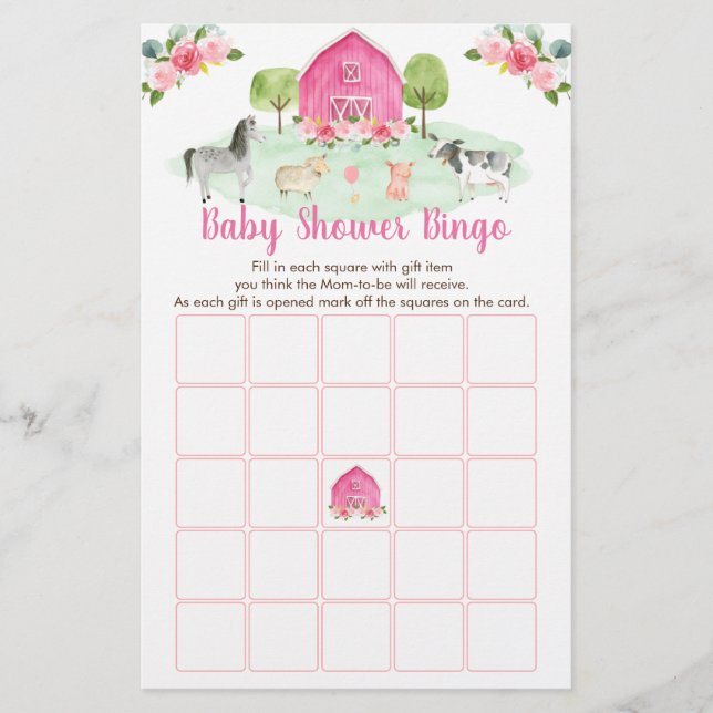 Lámina Juego de Bingo Baby Shower Floral de Granja Rosa (Anverso)