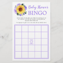 Juego de Bingo Baby Shower Floral Morada de Sunflo
