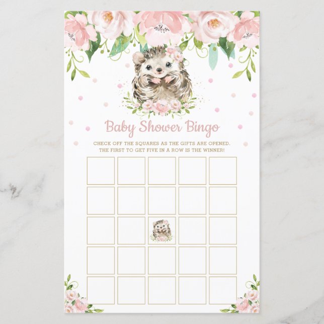 Lámina Juego de Bingo Baby Shower Floral Rosa Hedgehog (Anverso)