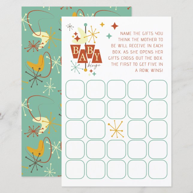Lámina Juego de Bingo Baby Shower moderno de mediados del (Anverso / Reverso)
