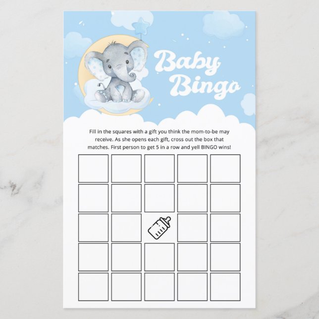 Lámina Juego de Bingo Baby Shower para Elefantes Azules (Anverso)