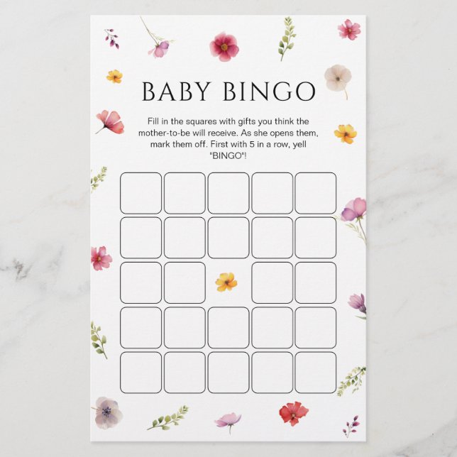 Lámina Juego de Bingo Baby Shower para Flores Silvestres (Anverso)