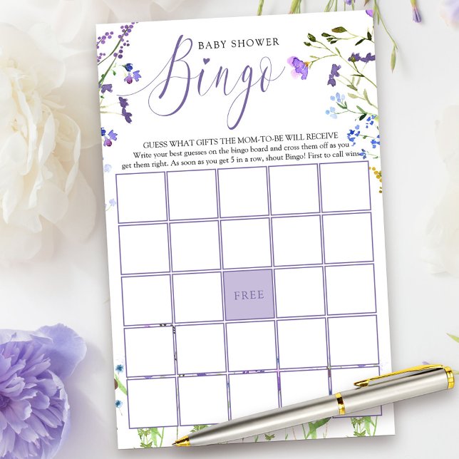 Lámina Juego de Bingo Baby Shower Purple Wildflower (Bingo Game Card from my Purple Wildflower Collection.)