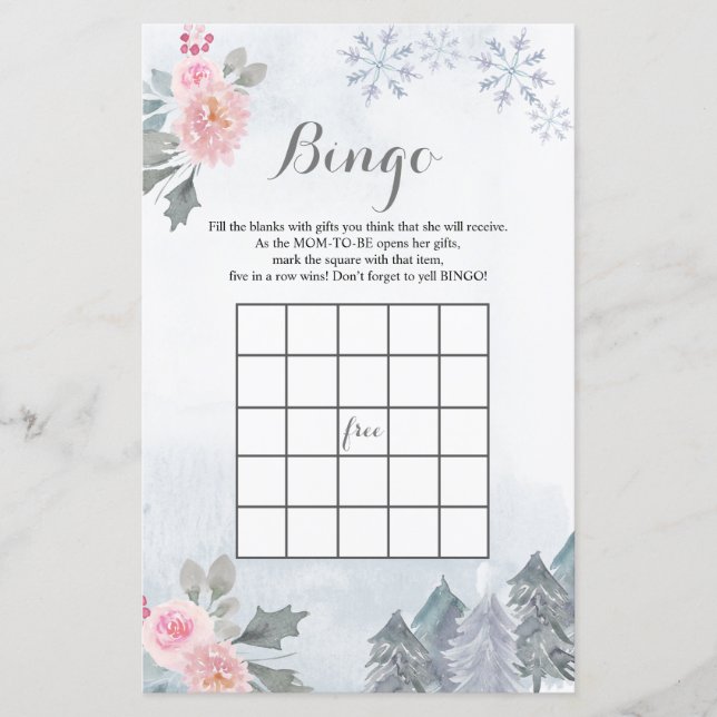 Lámina Juego de Bingo Baby Shower Snowflakes Winter Flora (Anverso)