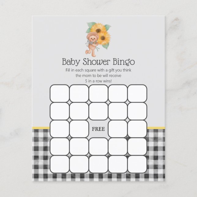 Lámina Juego de Bingo Baby Shower Sunflower Teddy Bear (Anverso)