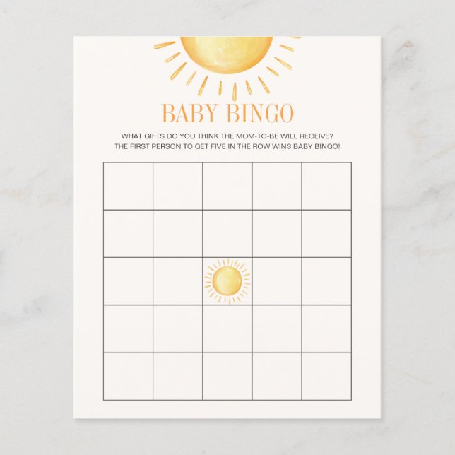 Lámina Juego de Bingo Baby Shower Sunshine (Anverso)