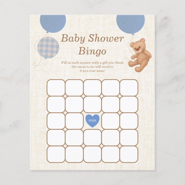 Lámina Juego de Bingo Baby Shower Teddy Bear Azul (Anverso)