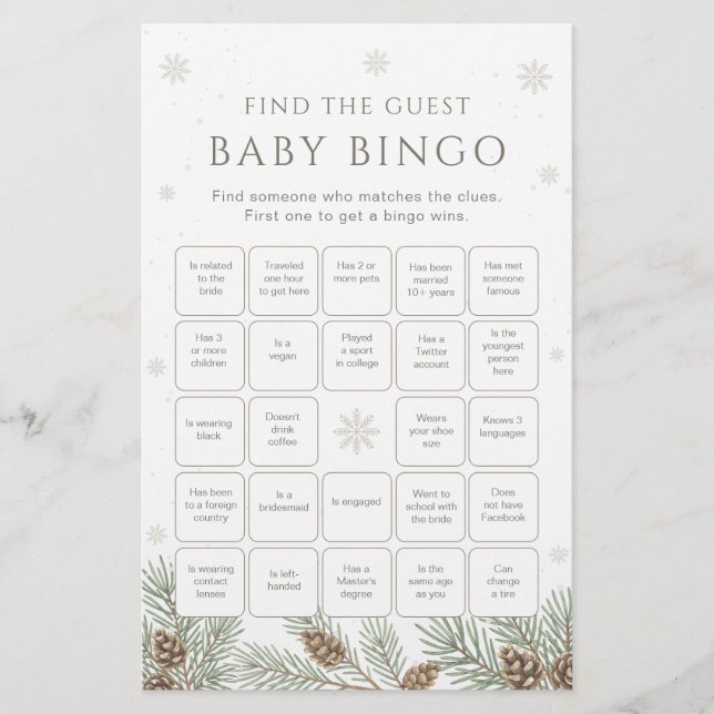 Lámina Juego de bingo Baby Shower Winter Find the Guest (Anverso)