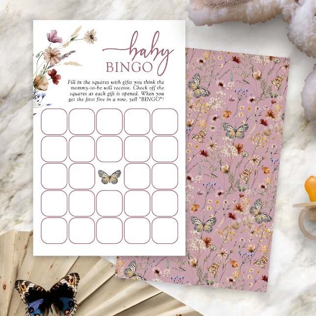 Lámina Juego de Bingo Bebé Rosa (Dusty Pink Boho Baby Bingo Game Card with Butterfly by Painted Paperie
)