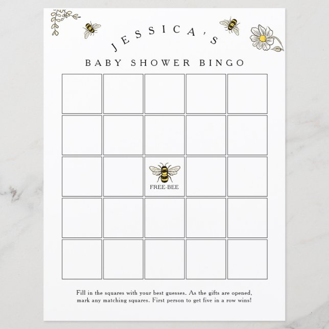 Lámina Juego de Bingo Bee Bumble Bee Baby Shower (Anverso)