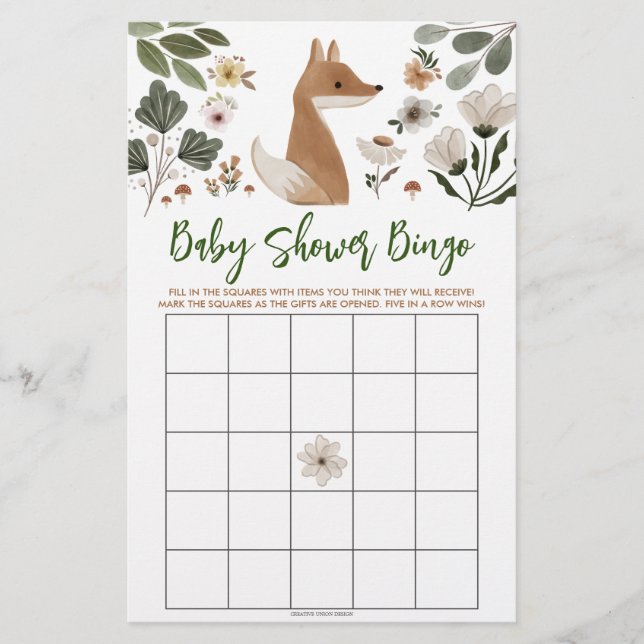 Lámina Juego de Bingo Boho Woodland Fox Bridal Shower (Anverso)