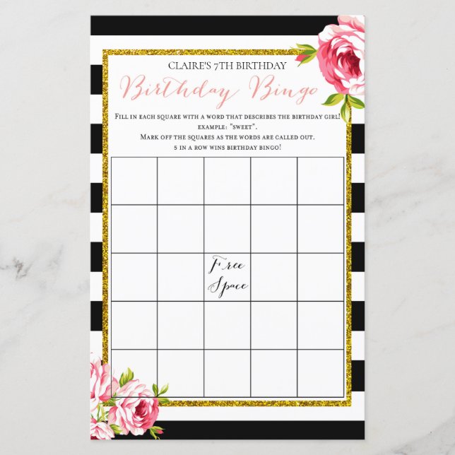 Lámina Juego de Bingo Chica de Cumpleaños (Anverso)