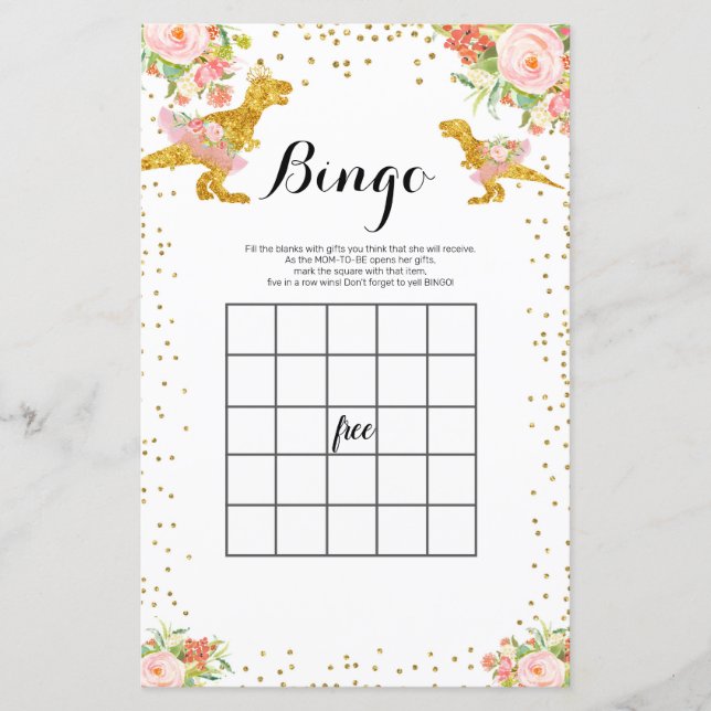 Lámina Juego de Bingo de acuarela de Dino Rosa y Oro (Anverso)