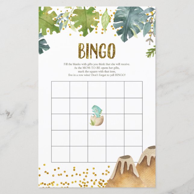 Lámina Juego de Bingo de Acuarela de Dinosaurio Verde (Anverso)