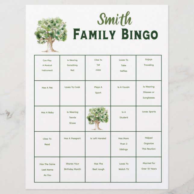Lámina Juego de Bingo de Árbol Genealógico Personalizado  (Anverso)