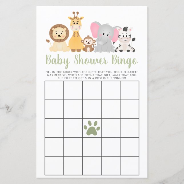 Lámina Juego de Bingo de Baby Shower de animales salvajes (Anverso)