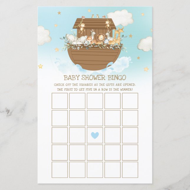 Lámina Juego de Bingo de Baby Shower de Ark Blue Boy Noah (Anverso)