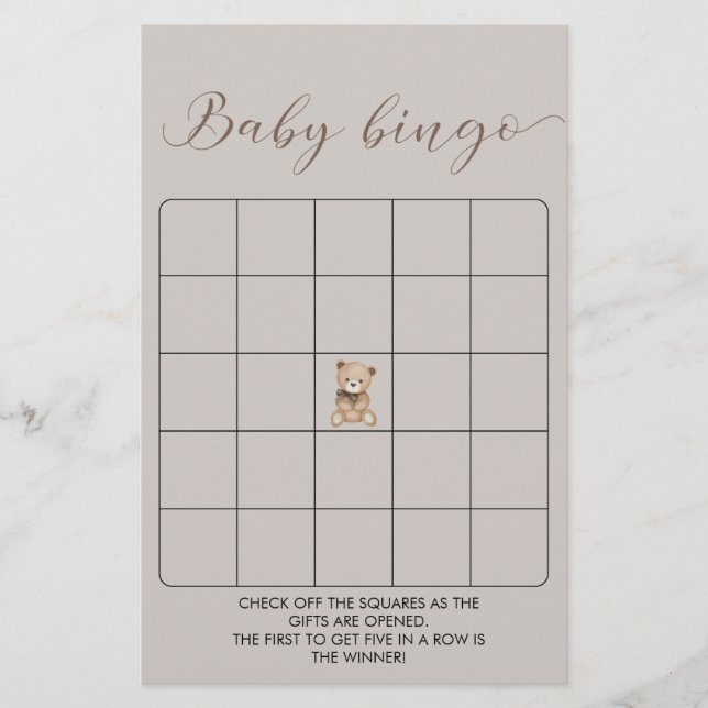 Lámina Juego de Bingo de Baby Shower de Oso (Anverso)