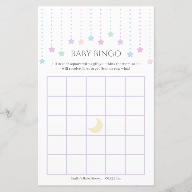 Lámina Juego de bingo de Baby Shower de pequeñas estrella (Anverso)