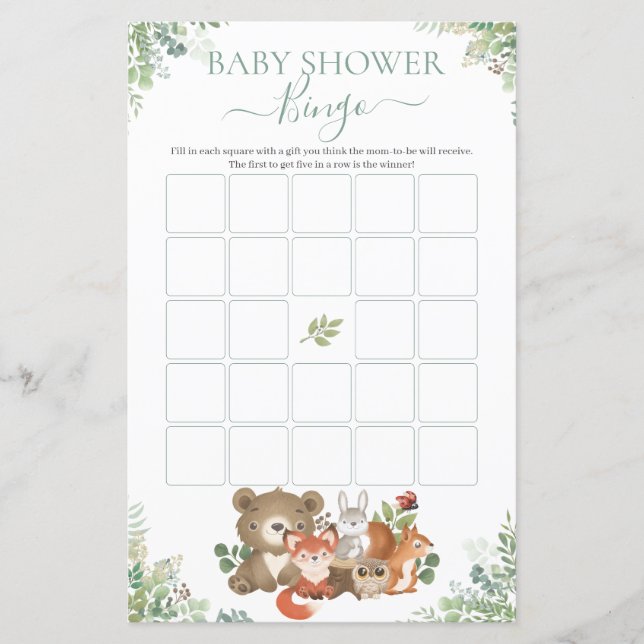 Lámina Juego de Bingo de Baby Shower de Woodland Animals  (Anverso)