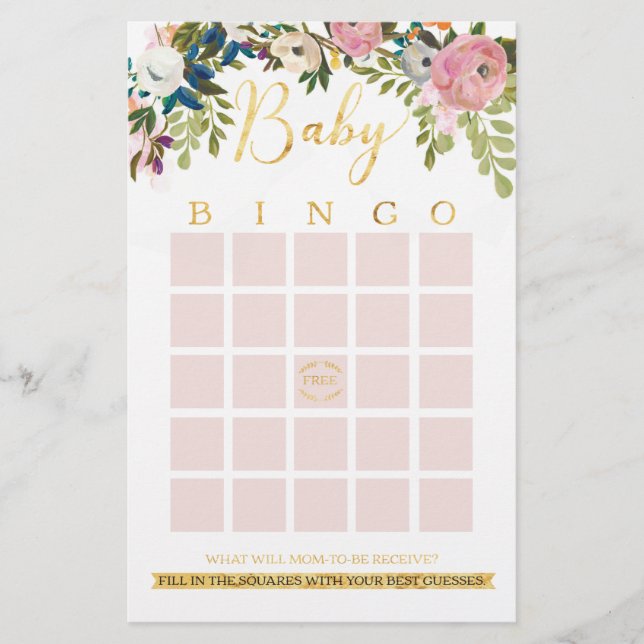 Lámina Juego de bingo de Baby Shower Moda Floral Boho (Anverso)