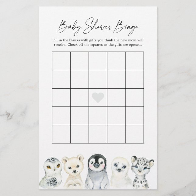 Lámina Juego de Bingo de Baby Shower para Animales Ártico (Anverso)