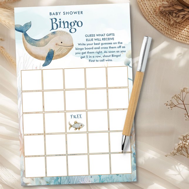 Lámina Juego de bingo de Baby Shower para ballenas (Baby Bingo Game from the Whale Baby Shower Collection by Darling & May)
